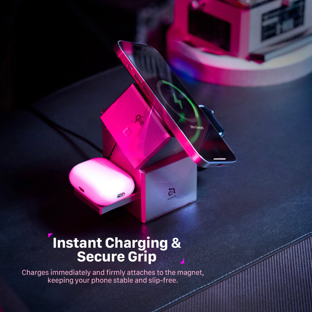 แท่นชาร์จไร้สาย ADAM elements Mag Qube Qi2 3-in-1 Intelligent Charging Station สีเทา